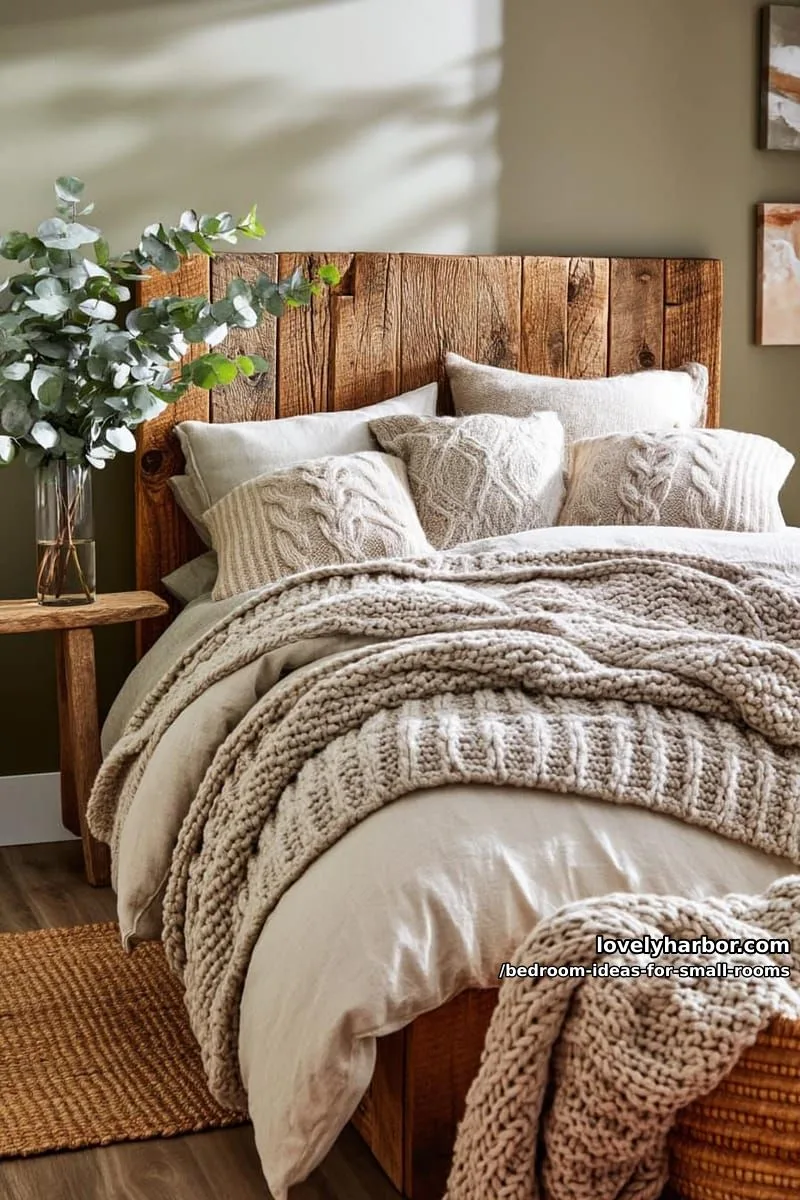 23 Unique Bedroom Ideas for Small Rooms 10 rustic bedroom with wooden headboard, knit blankets, and eucalyptus decor. 1