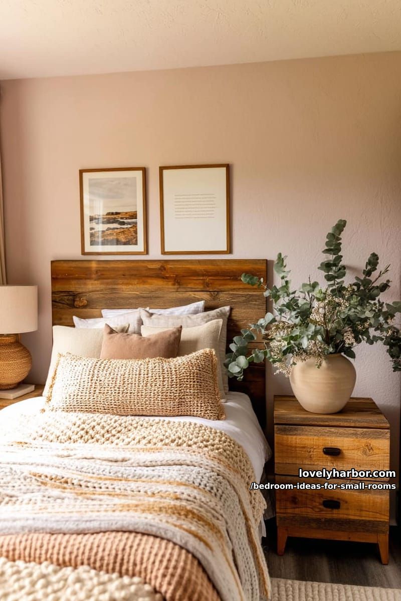 rustic bedroom with wooden headboard, knit blankets, and eucalyptus decor. 1