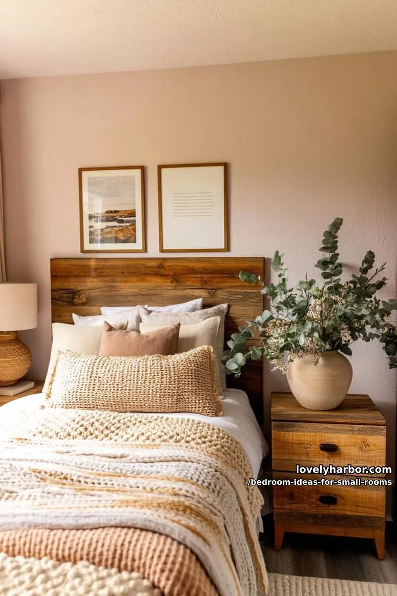 23 Unique Bedroom Ideas for Small Rooms 9 rustic bedroom with wooden headboard, knit blankets, and eucalyptus decor. 1