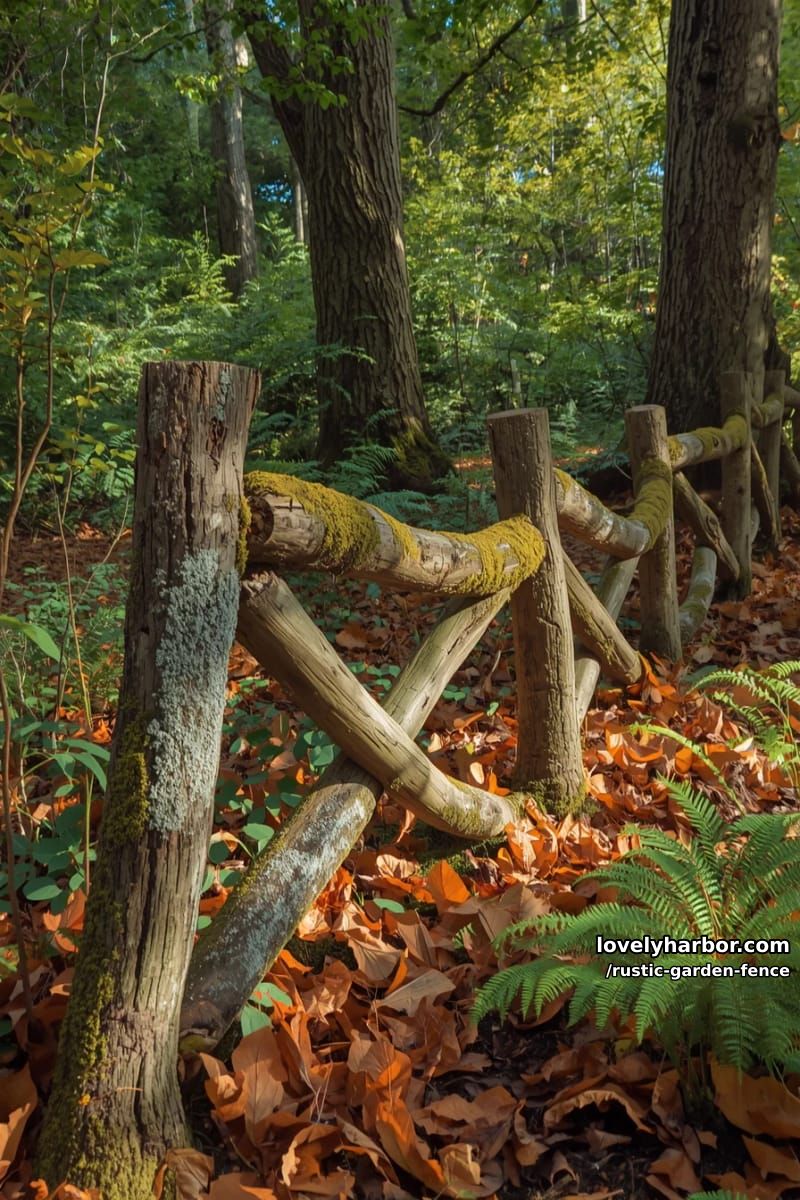 rustic branch fence in forest with fallen leaves and dappled sunlight. 1