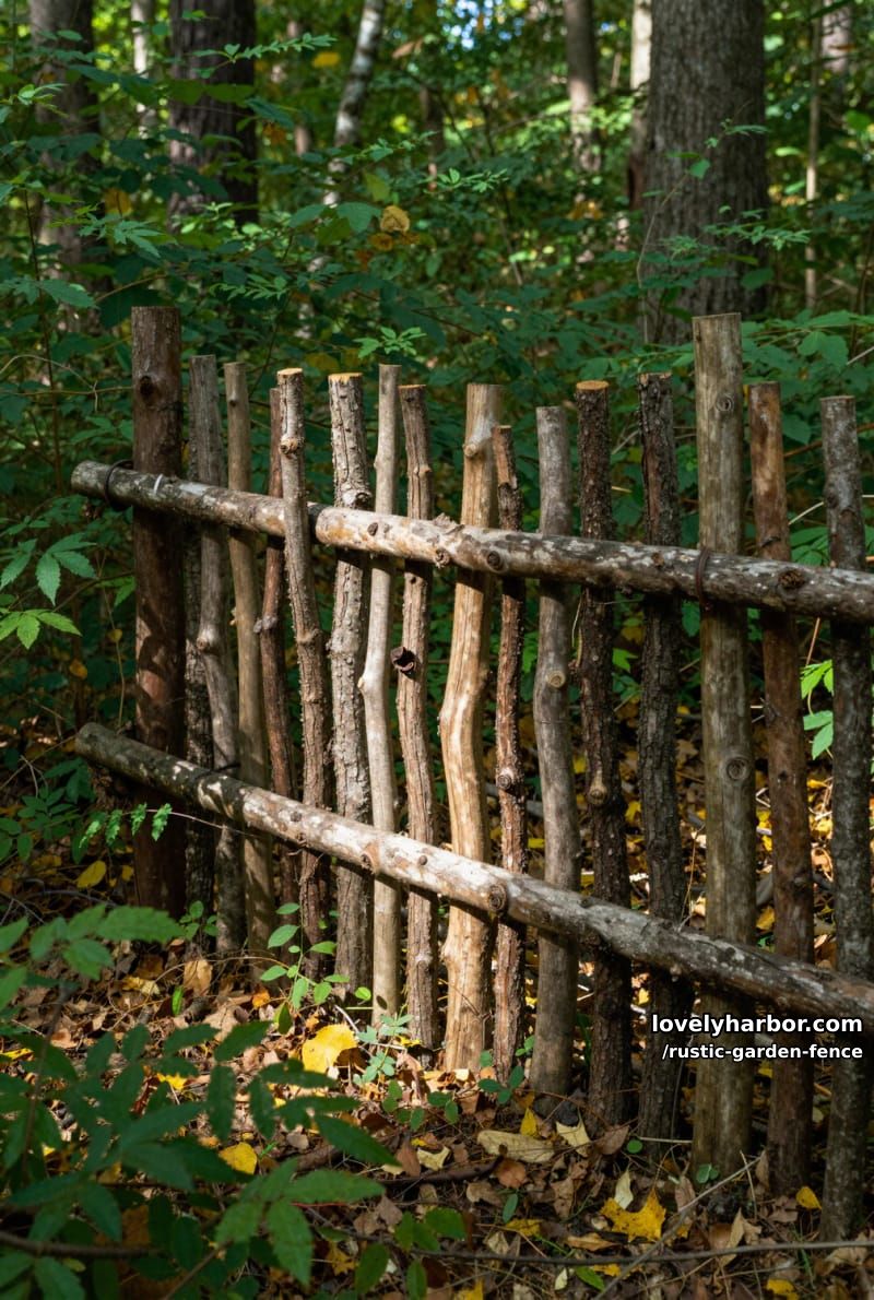 rustic branch fence in forest with fallen leaves and dappled sunlight. 1