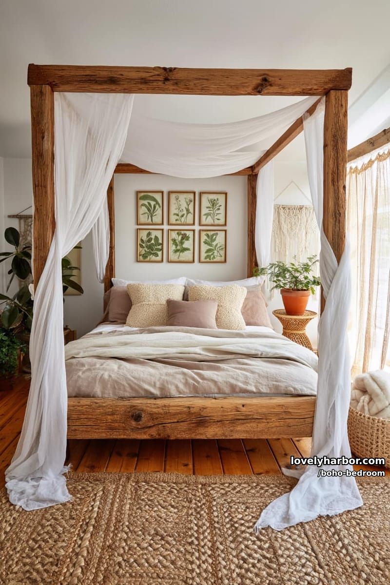 rustic canopy bed with sheer drapes, neutral bedding, and botanical prints. 1