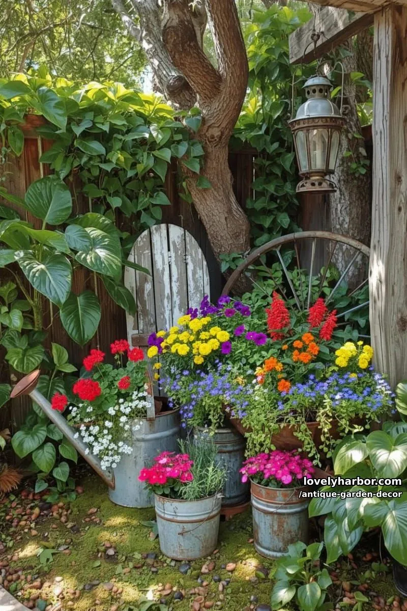 20 Antique Garden Decor Ideas for an Extraordinary Look 16 rustic corner featuring repurposed metal objects and lush green plants. 1