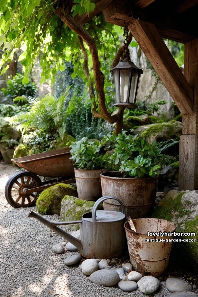 20 Antique Garden Decor Ideas for an Extraordinary Look 17 rustic corner featuring repurposed metal objects and lush green plants. 1