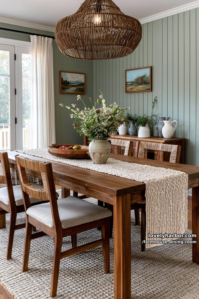 rustic dining room with cream runner, wildflower vase, woven chandelier, sage green walls. 1