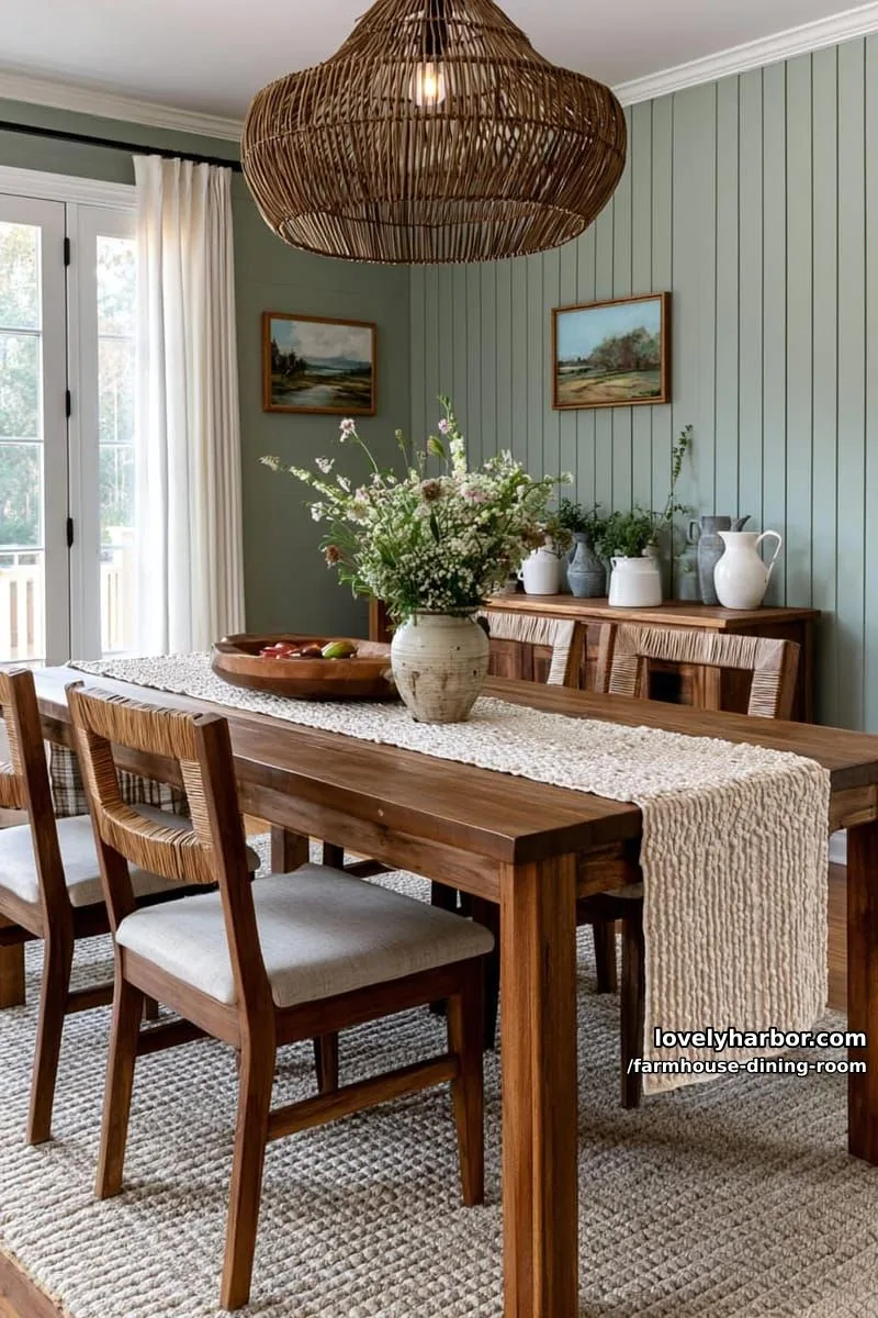 44 Rustic Farmhouse Dining Rooms to Inspire Your Space 32 rustic dining room with cream runner, wildflower vase, woven chandelier, sage green walls. 1