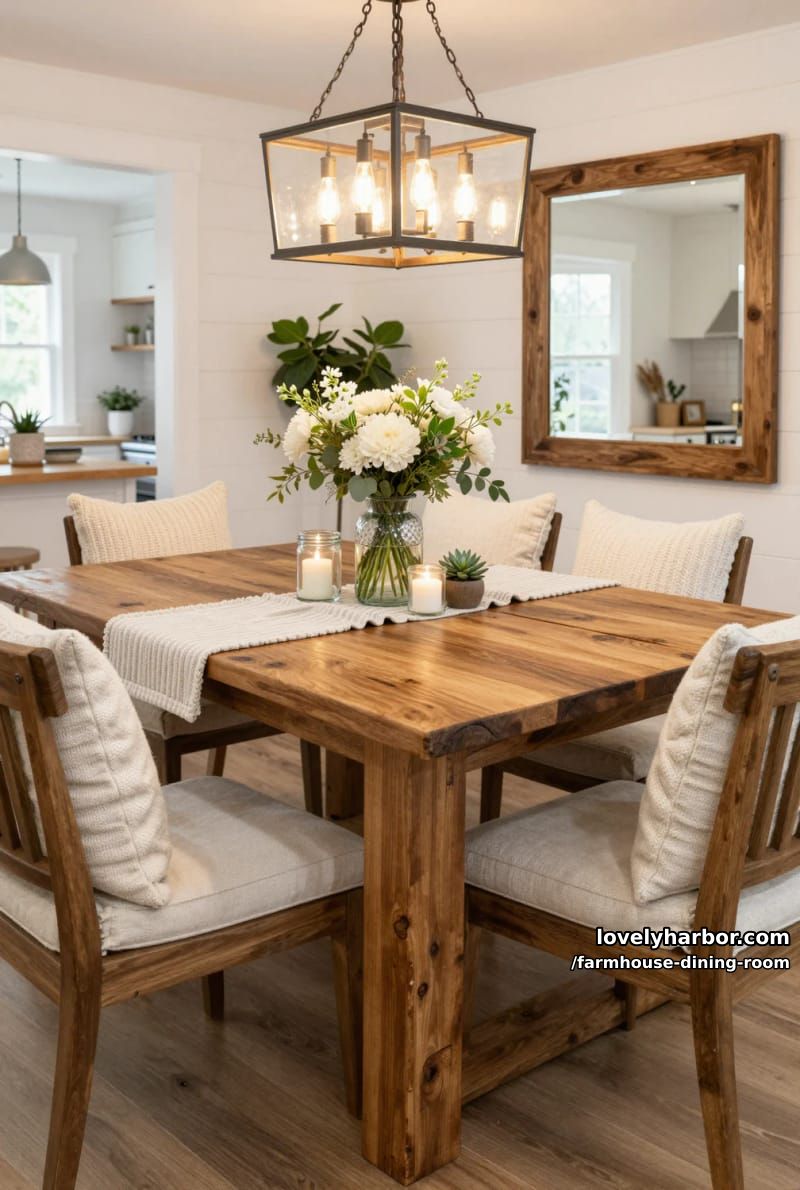 rustic dining room with heavy wood table, linen cushions, glass vase centerpiece, glass chandelier. 1