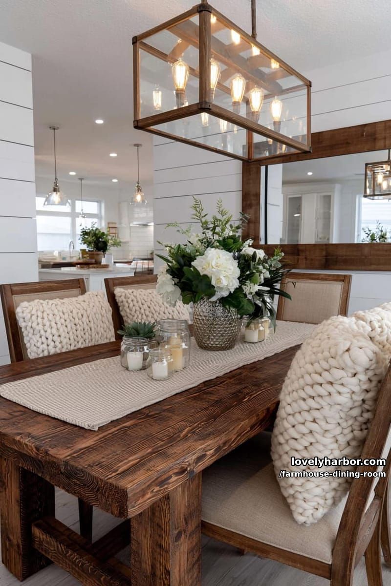 rustic dining room with heavy wood table, linen cushions, glass vase centerpiece, glass chandelier. 1