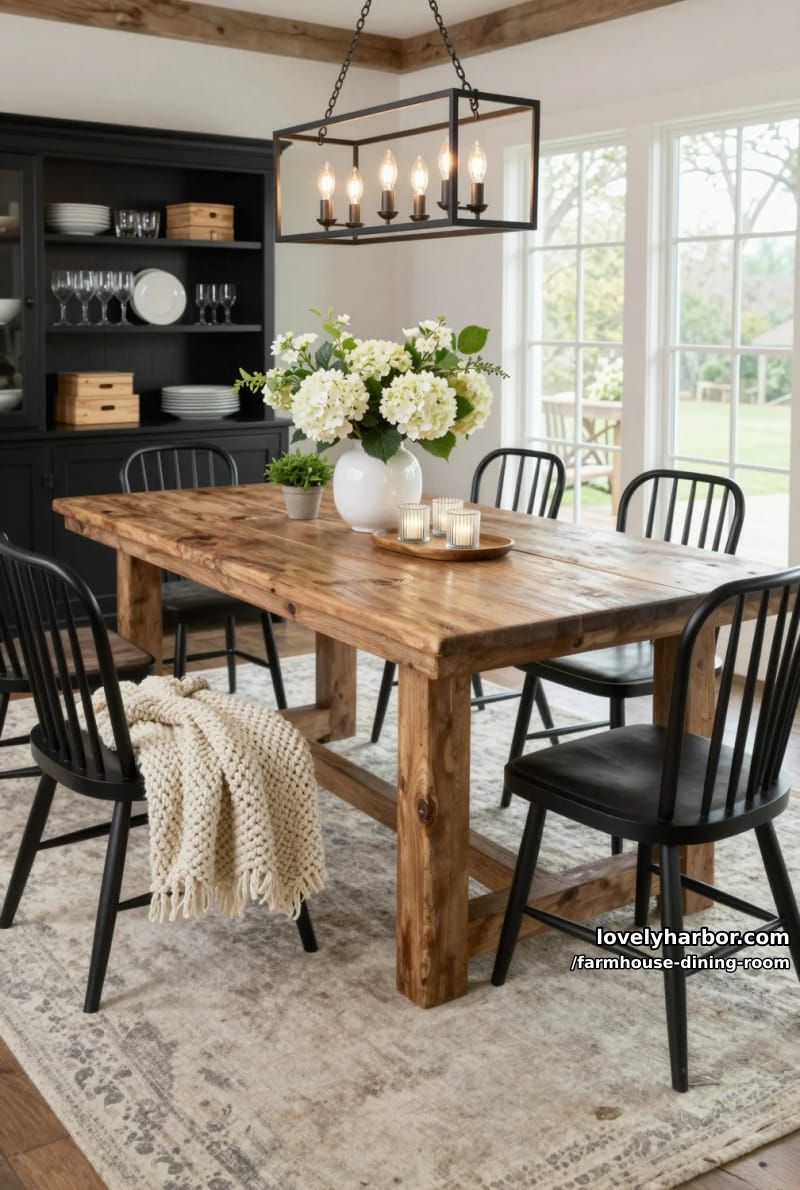 rustic dining room with weathered table, black chairs, chunky knit throw, modern chandelier. 1