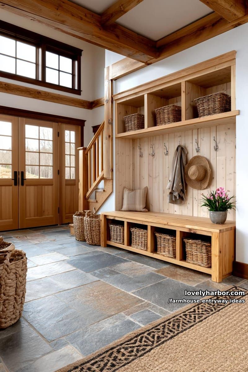 rustic entry with wooden beams, staircase, bench cubbies, and wicker baskets. 1