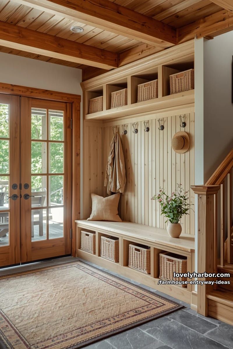 rustic entry with wooden beams, staircase, bench cubbies, and wicker baskets. 1