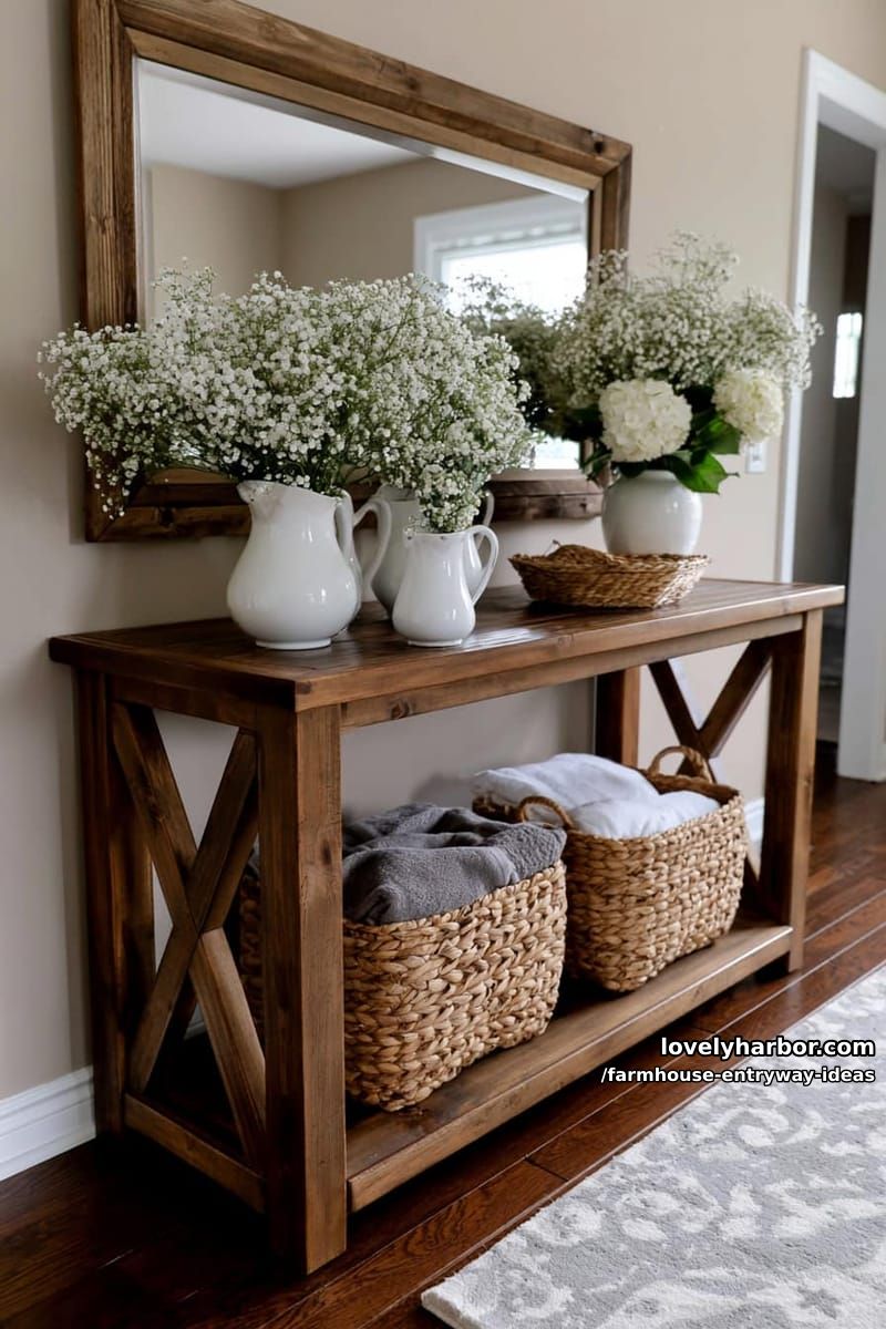 rustic entryway with console table, oversized mirror, and floral arrangements. 1