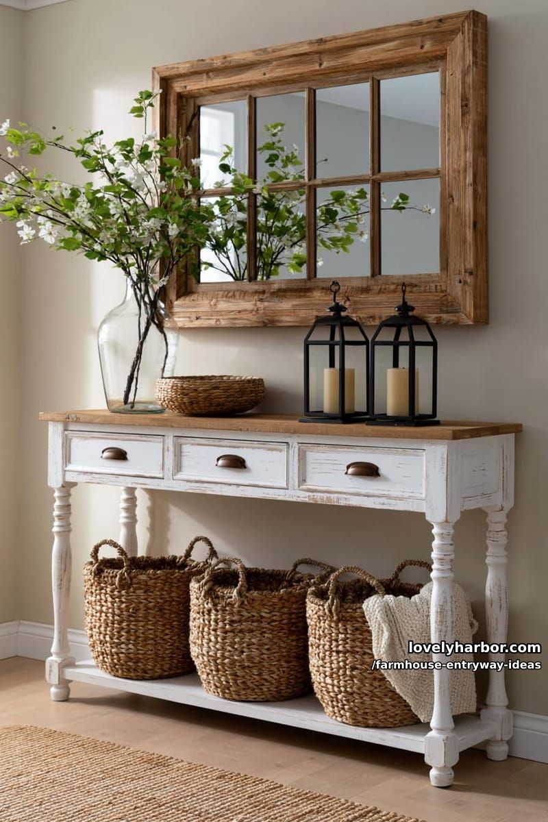 rustic entryway with distressed console, mirror, vases, and wicker baskets. 1