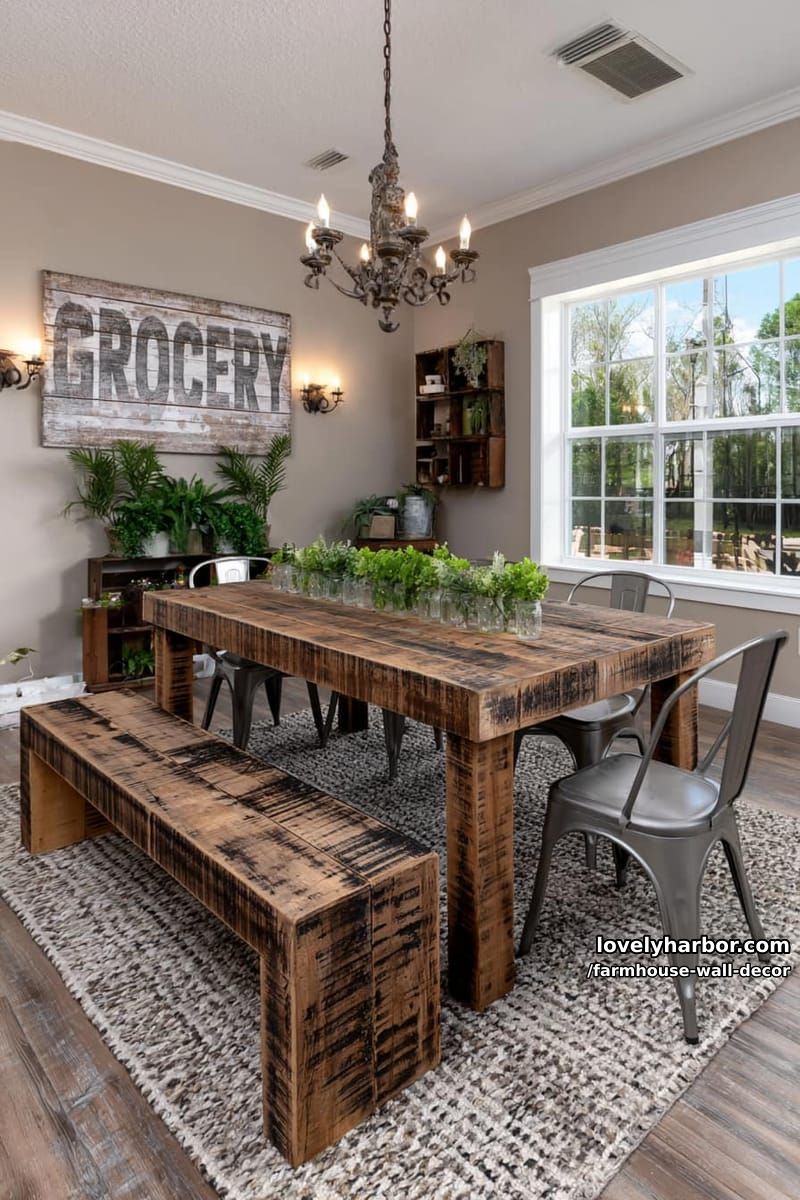 rustic farmhouse dining room with distressed wood table and vintage decor. 1