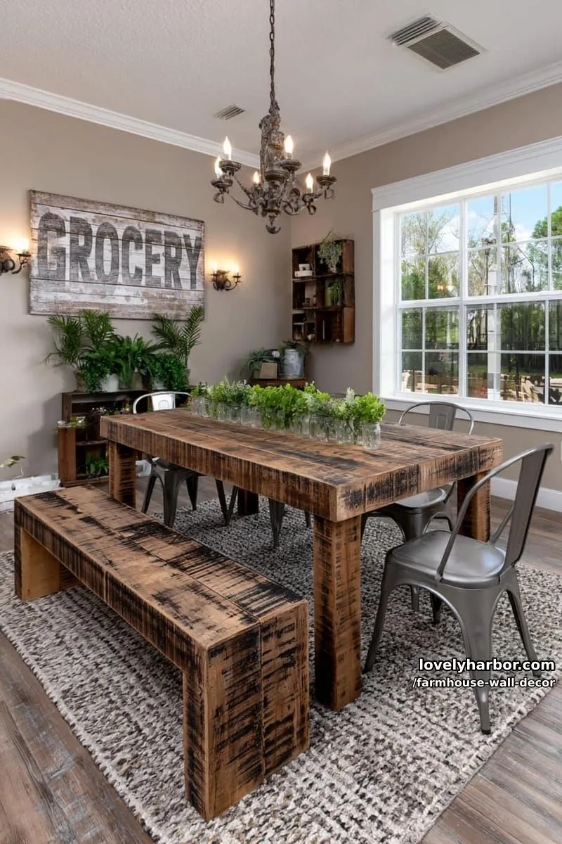 rustic farmhouse dining room with distressed wood table and vintage decor. 1