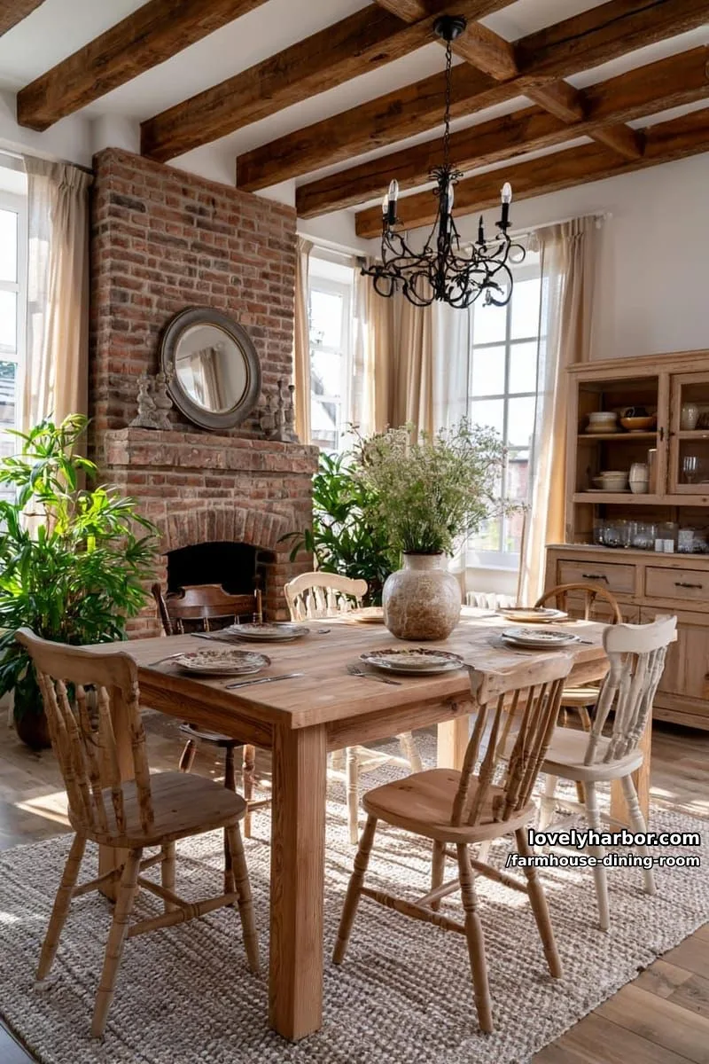 44 Rustic Farmhouse Dining Rooms to Inspire Your Space 6 rustic farmhouse dining room with exposed beams, brick fireplace, mismatched chairs, beaded chandelier. 1