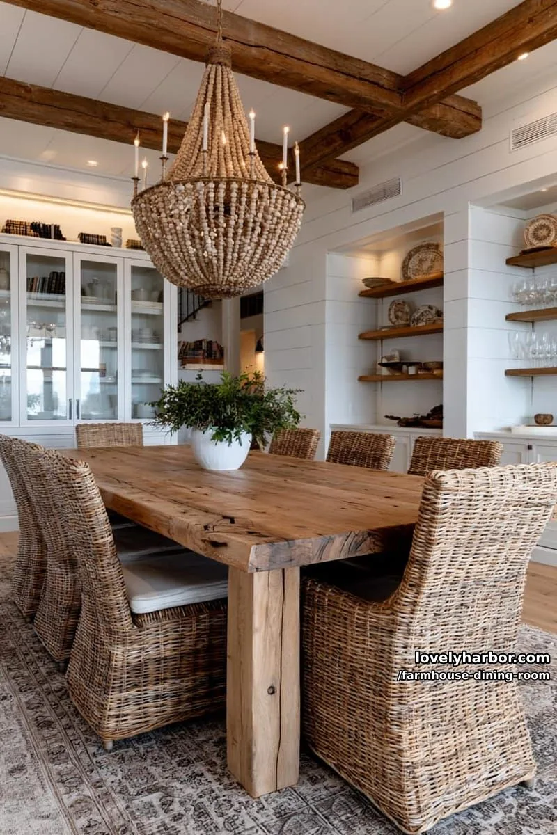 44 Rustic Farmhouse Dining Rooms to Inspire Your Space 9 rustic farmhouse dining room with natural wood table, rattan chairs, beaded chandelier, built-in cabinetry. 1