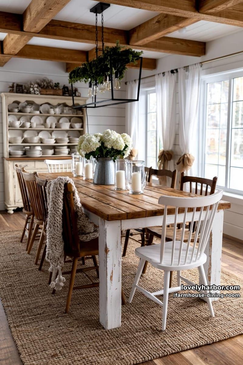 rustic farmhouse dining with distressed table, mismatched chairs, chunky throw, vintage hutch, metal chandelier. 1