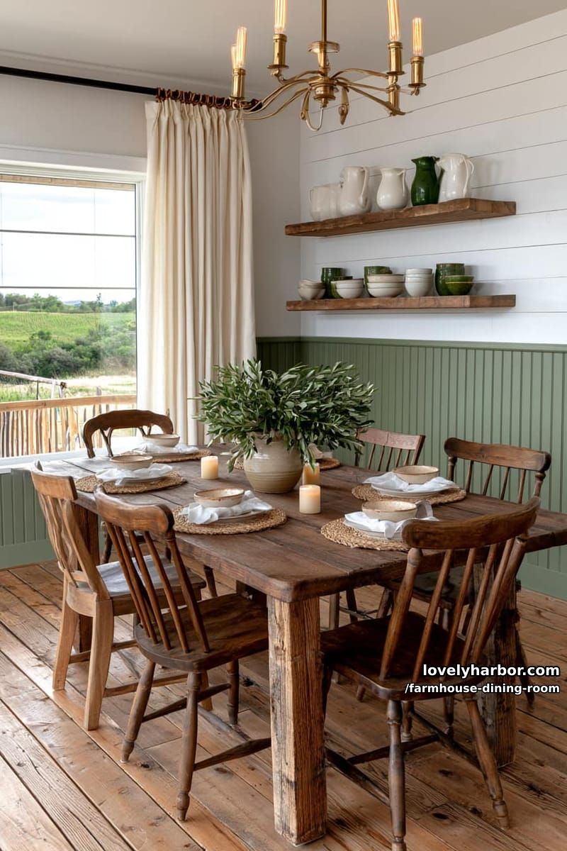 rustic farmhouse dining with mismatched chairs, green beadboard, leafy centerpiece, brass chandelier. 1