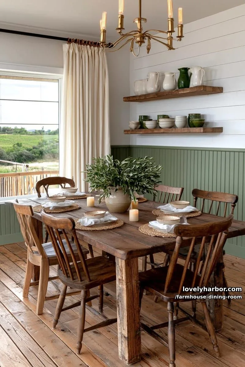 44 Rustic Farmhouse Dining Rooms to Inspire Your Space 10 rustic farmhouse dining with mismatched chairs, green beadboard, leafy centerpiece, brass chandelier. 1