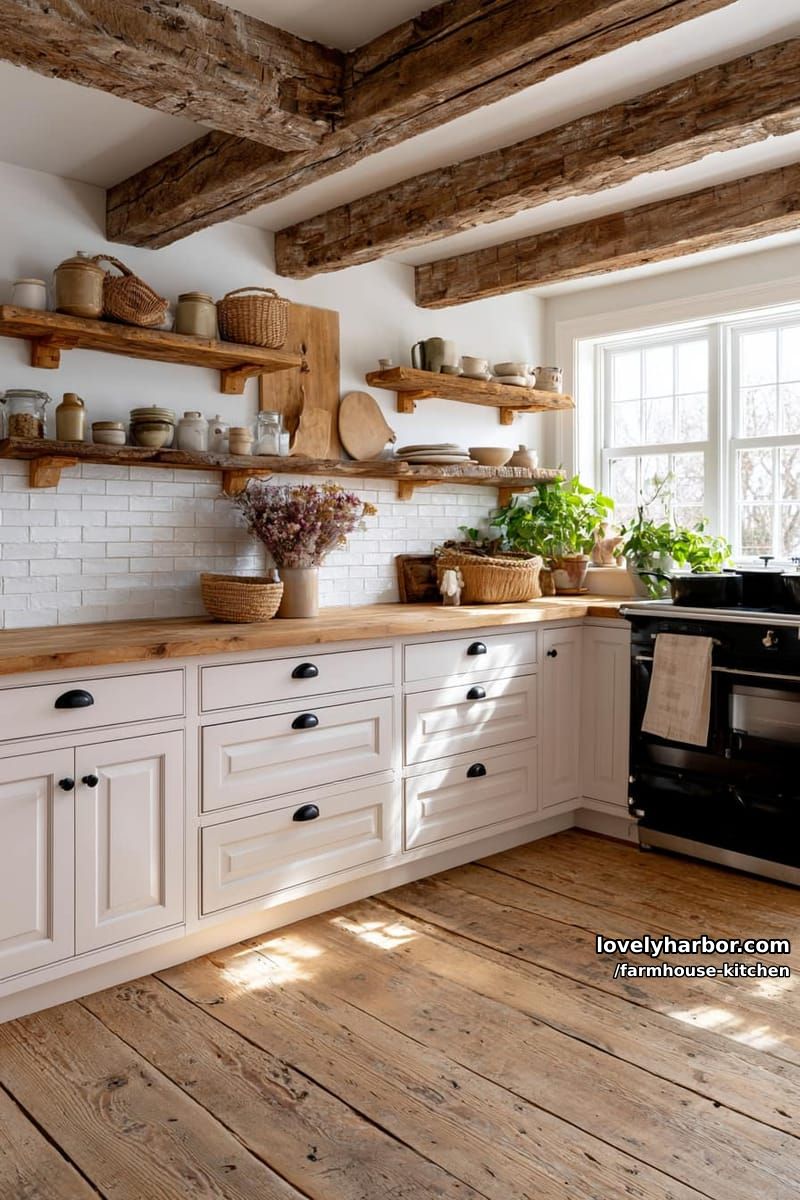 rustic farmhouse kitchen with wood beams, white cabinets, and natural textures. 1