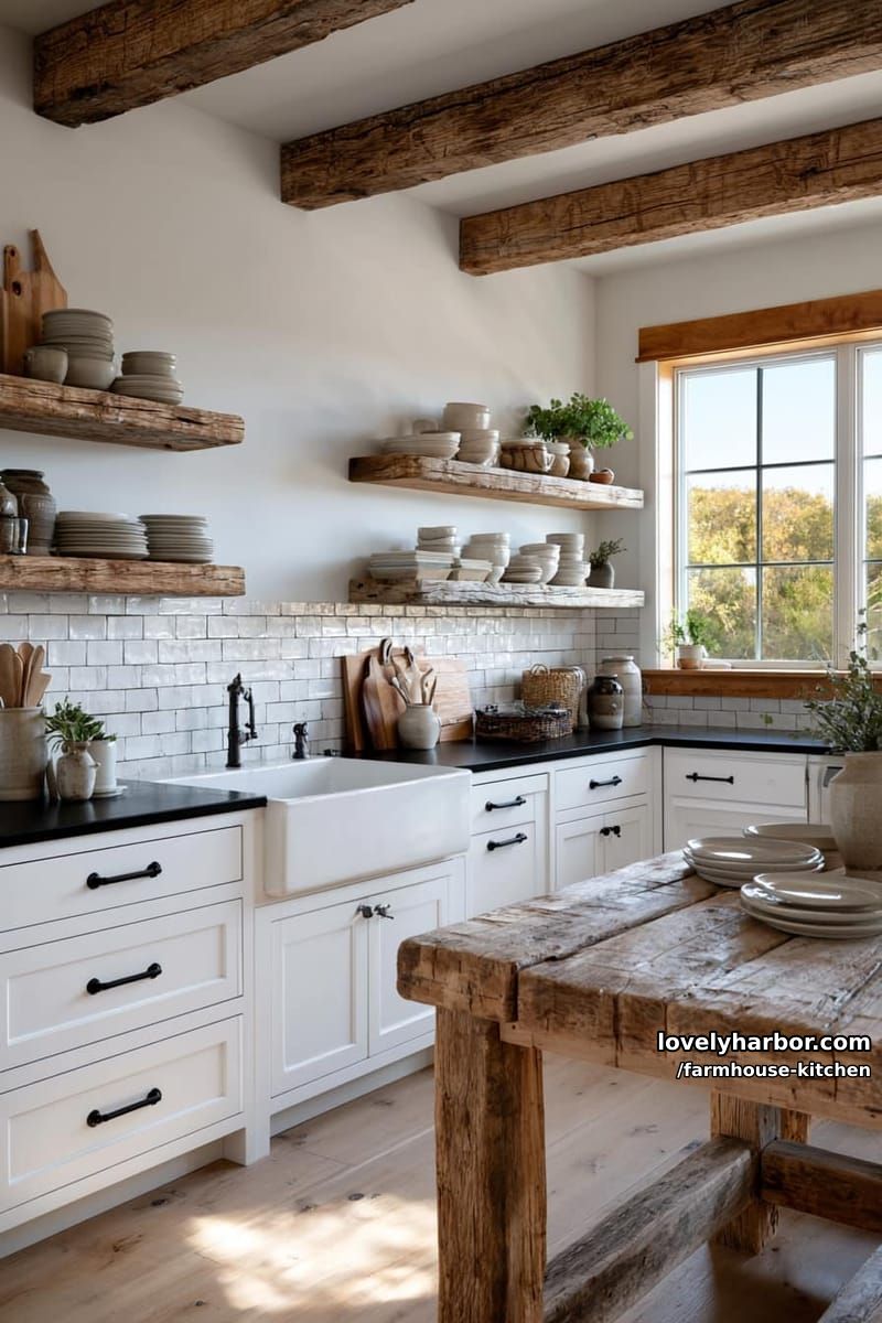 rustic farmhouse with white shaker cabinets, exposed beams, and open shelves. 1