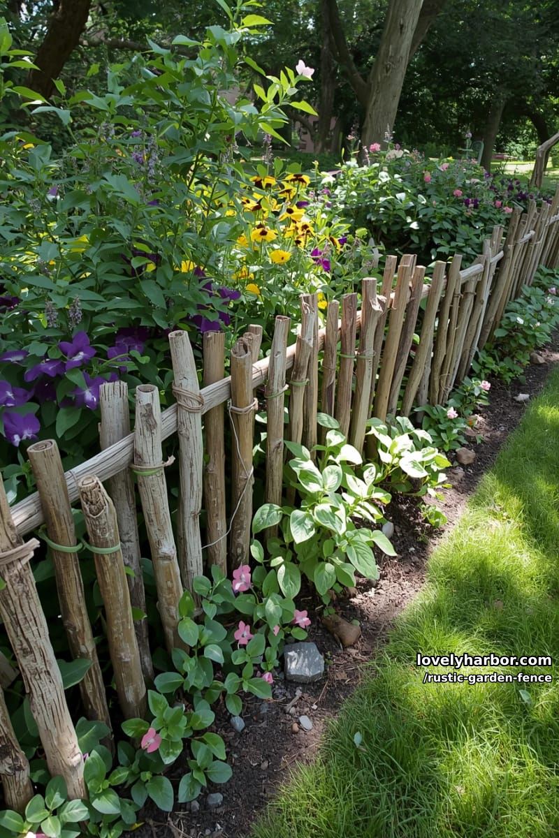 rustic garden fence made from natural sticks and branches with lush plants. 1