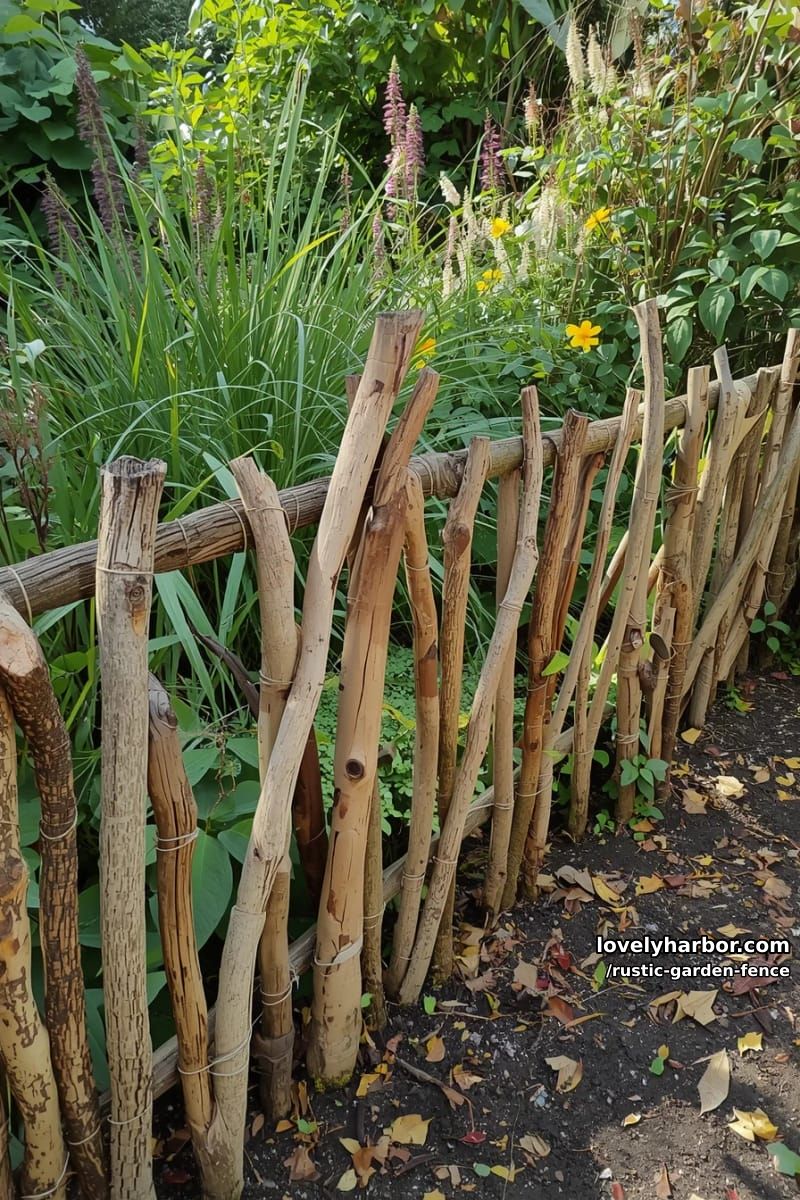 rustic garden fence made from natural sticks and branches with lush plants. 1