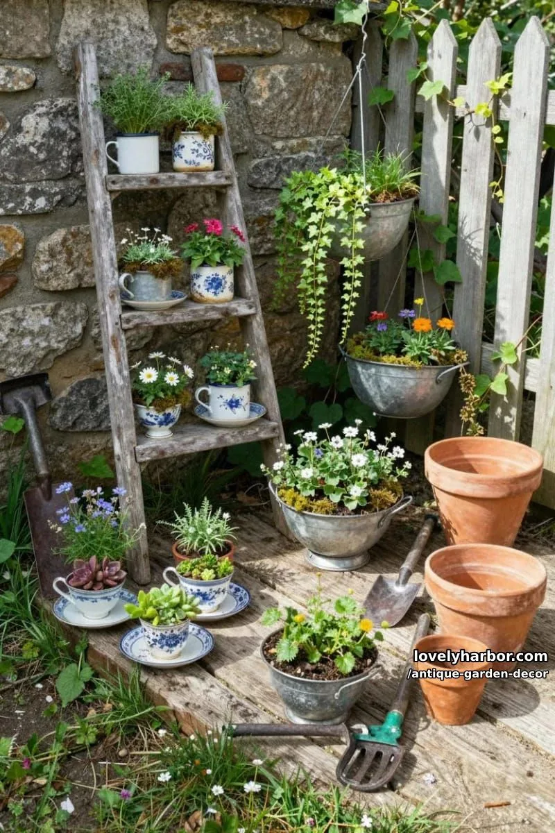 20 Antique Garden Decor Ideas for an Extraordinary Look 11 rustic garden with creative vintage planters using teacups, ladders, and colanders. 1