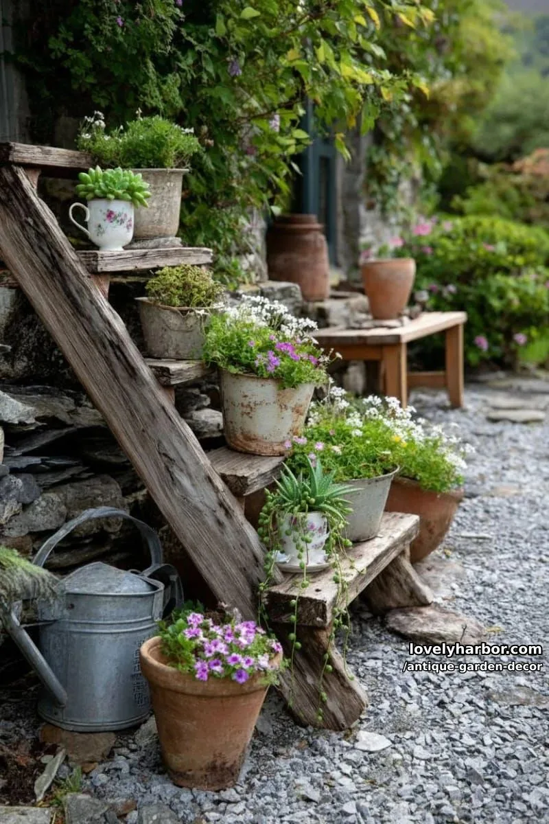 20 Antique Garden Decor Ideas for an Extraordinary Look 12 rustic garden with creative vintage planters using teacups, ladders, and colanders. 1