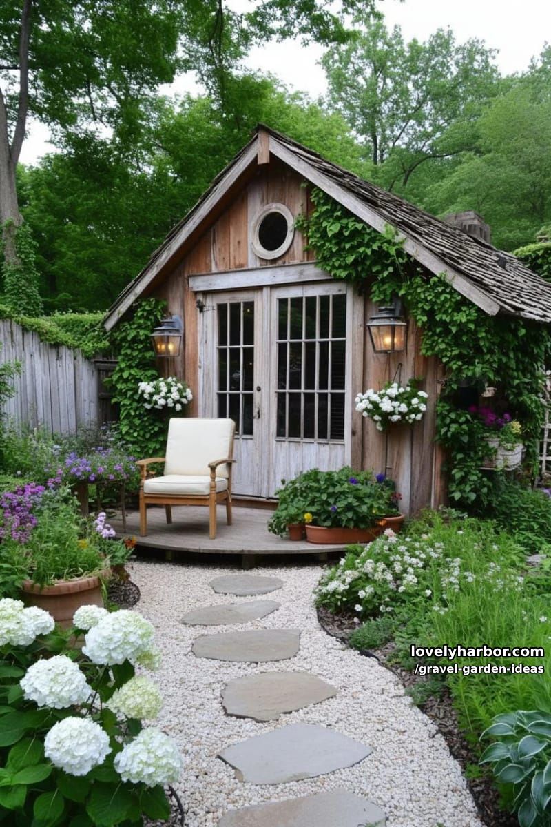rustic garden with ivy-covered shed, gravel path, stepping stones, and outdoor seating. 1
