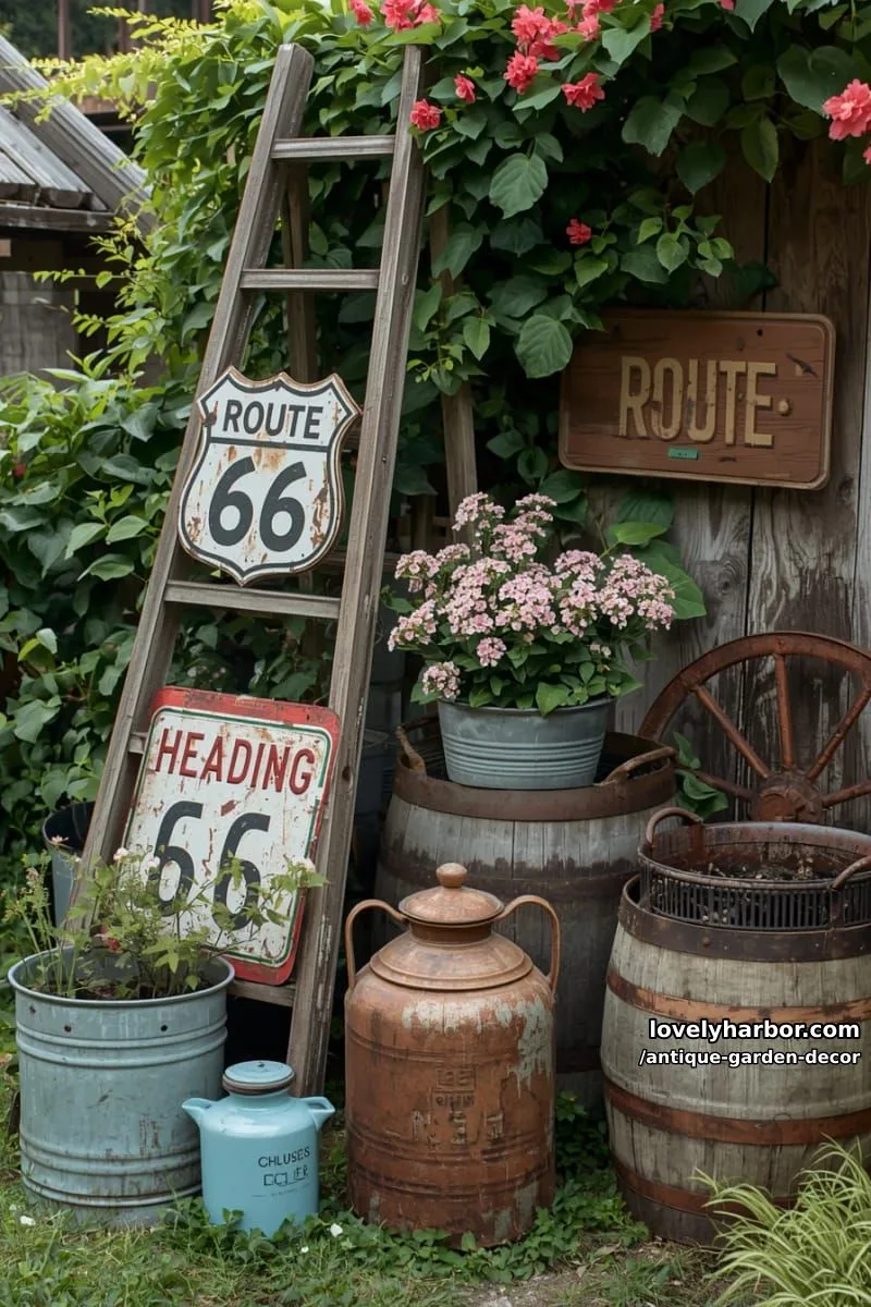 20 Antique Garden Decor Ideas for an Extraordinary Look 41 rustic garden with ladder, route 66 sign, metal tubs, and colorful blooms. 1