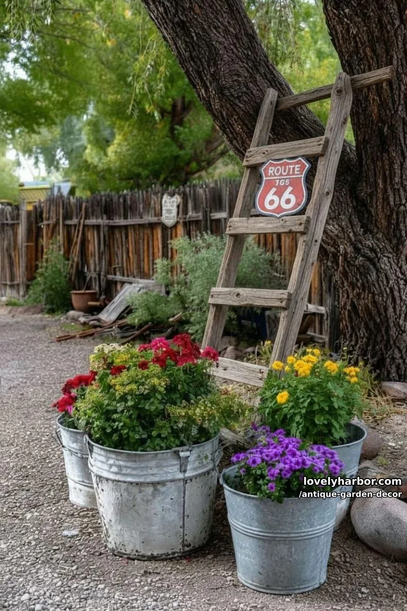 20 Antique Garden Decor Ideas for an Extraordinary Look 42 rustic garden with ladder, route 66 sign, metal tubs, and colorful blooms. 1