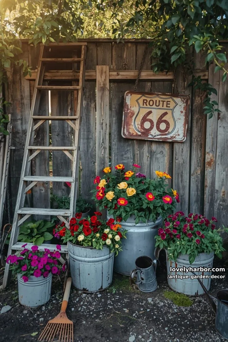 20 Antique Garden Decor Ideas for an Extraordinary Look 43 rustic garden with ladder, route 66 sign, metal tubs, and colorful blooms. 1