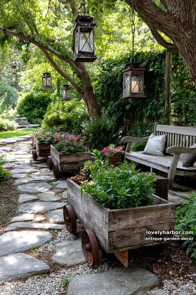 20 Antique Garden Decor Ideas for an Extraordinary Look 10 rustic garden with lanterns, wooden planters, and vintage farmhouse accents. 1