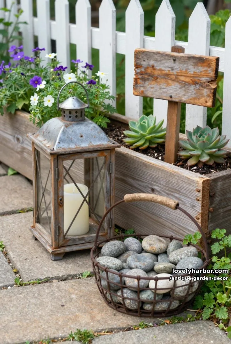 20 Antique Garden Decor Ideas for an Extraordinary Look 8 rustic garden with lanterns, wooden planters, and vintage farmhouse accents. 1