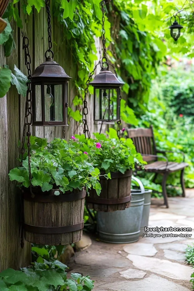 20 Antique Garden Decor Ideas for an Extraordinary Look 9 rustic garden with lanterns, wooden planters, and vintage farmhouse accents. 1