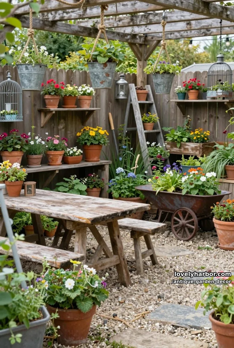 20 Antique Garden Decor Ideas for an Extraordinary Look 4 rustic garden with vintage decor, repurposed planters, and lush blooming flowers. 1