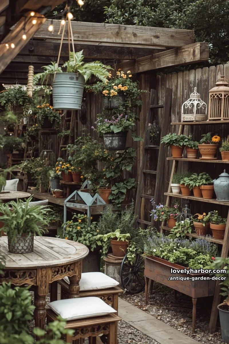 20 Antique Garden Decor Ideas for an Extraordinary Look 5 rustic garden with vintage decor, repurposed planters, and lush blooming flowers. 1