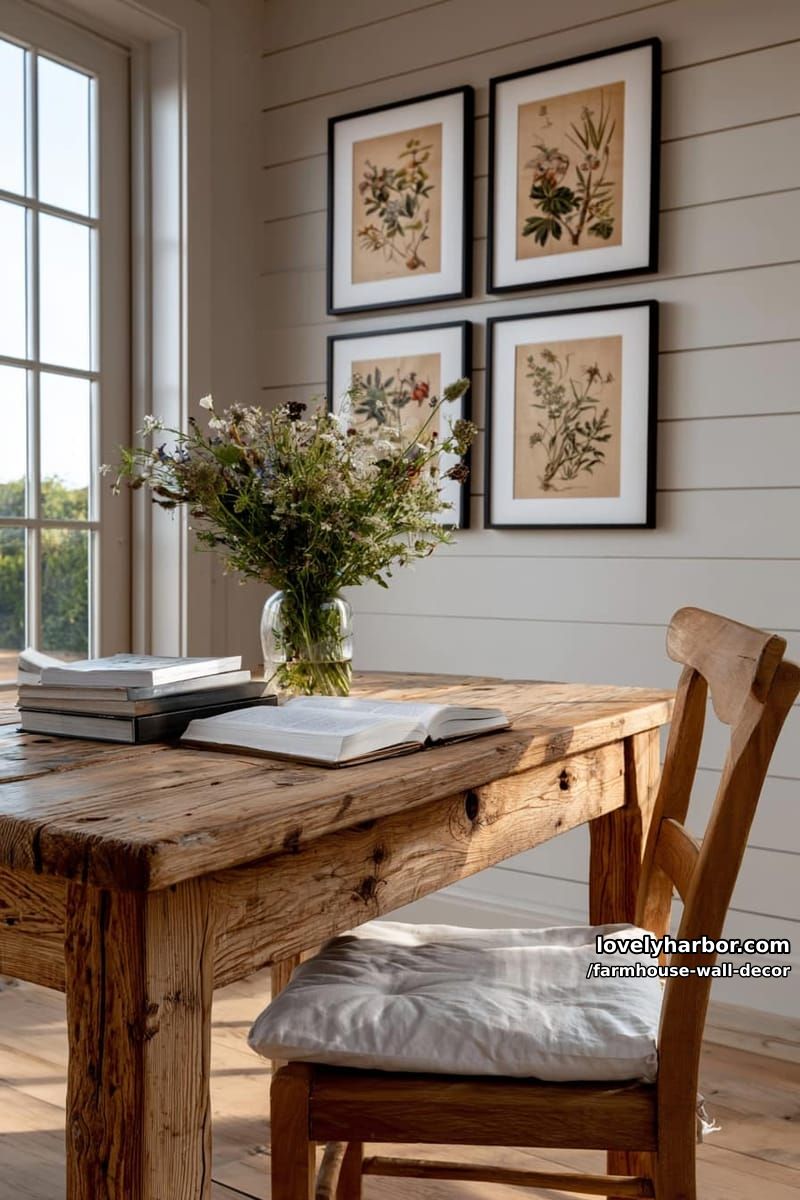rustic interior with botanical prints, wildflowers, and a cozy reading nook. 1