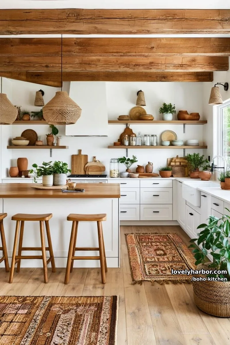 rustic kitchen, exposed beams, wood countertops, open shelves, woven lights, earthy rugs. 1