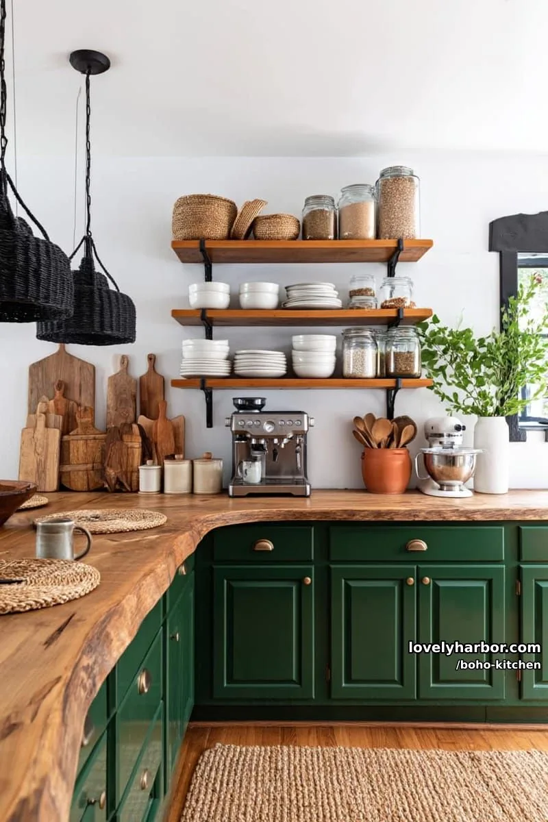 rustic kitchen, live-edge wood counters, deep green cabinets, woven baskets, black pendants. 1