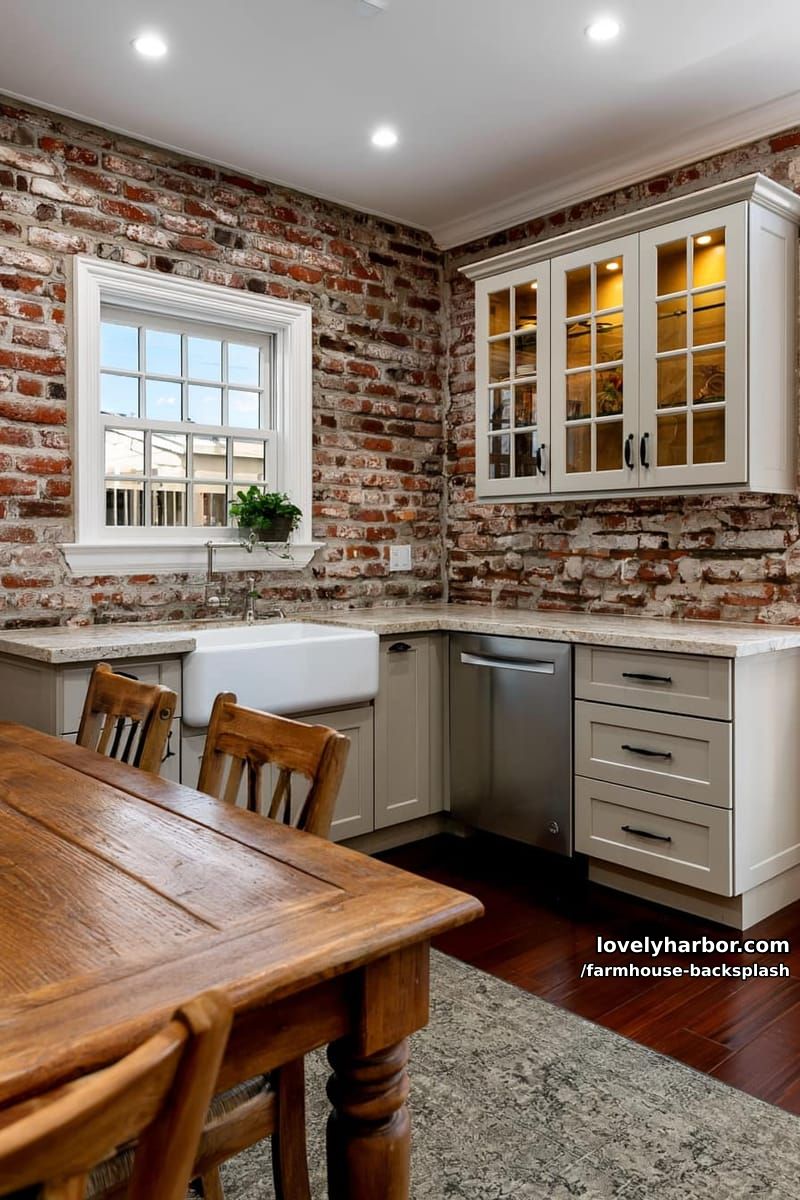 rustic kitchen with exposed brick wall, gray cabinets, and farmhouse sink. 1