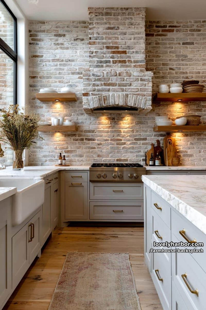 rustic kitchen with gray cabinets, brick walls, and marble-topped island. 1