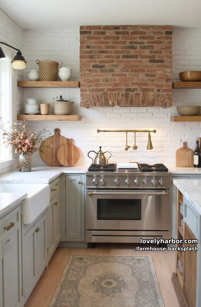 rustic kitchen with gray cabinets, brick walls, and marble-topped island. 1