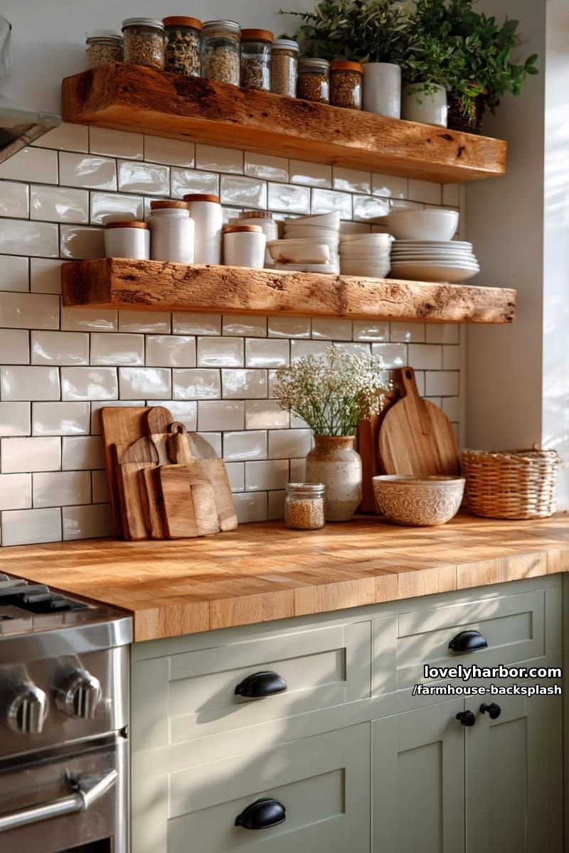 rustic kitchen with sage green cabinets, butcher block, and floating shelves. 1