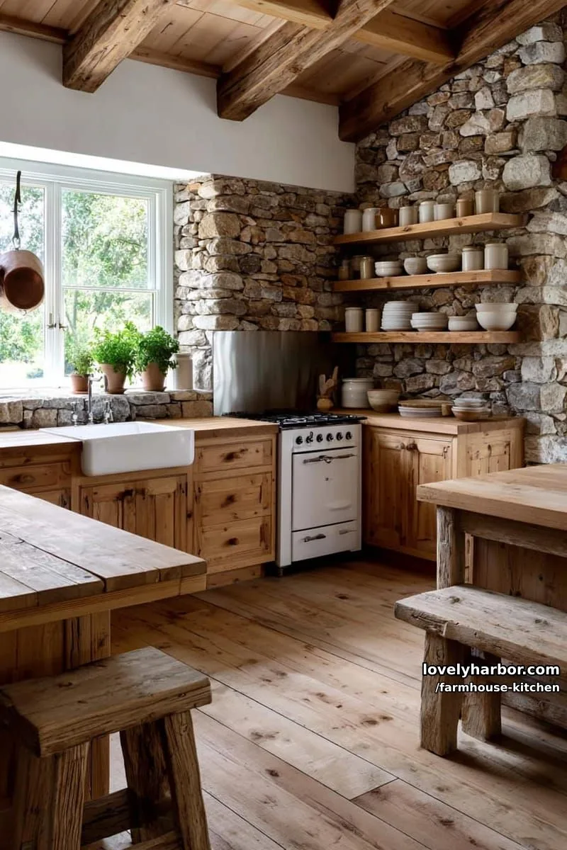 44 Trendy Farmhouse Kitchen Ideas to Inspire Your Next Remodel 40 rustic kitchen with stone backsplash, wood cabinetry, and open shelves. 1