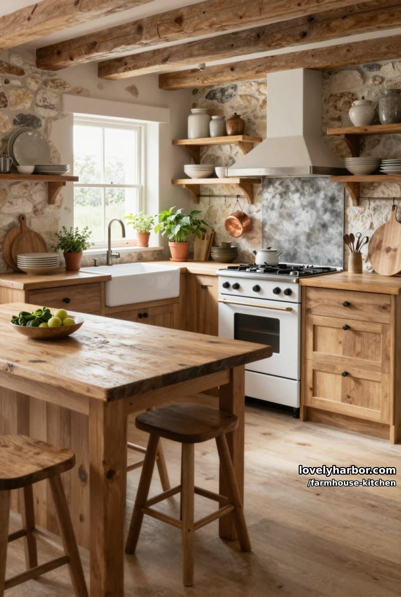 rustic kitchen with stone backsplash, wood cabinetry, and open shelves. 1