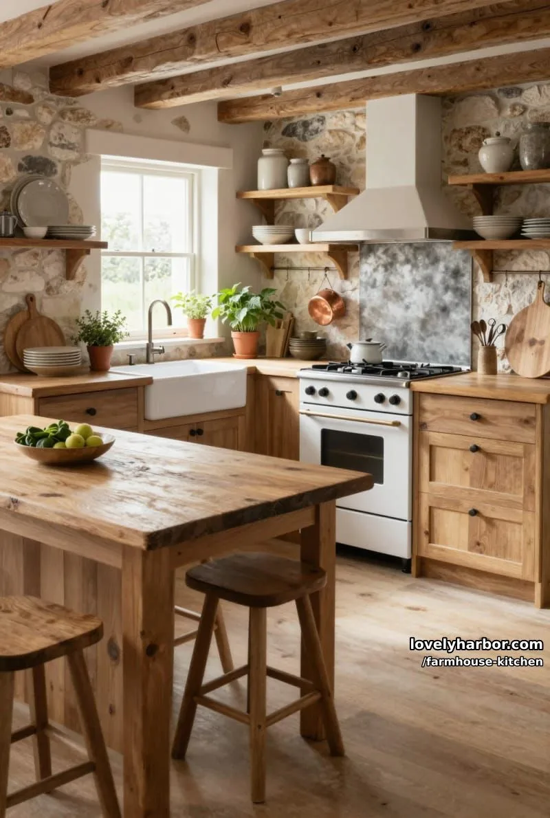 44 Trendy Farmhouse Kitchen Ideas to Inspire Your Next Remodel 41 rustic kitchen with stone backsplash, wood cabinetry, and open shelves. 1