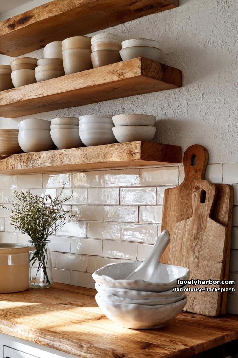 rustic kitchen with thick floating shelves, stacked ceramics, and tile backsplash. 1